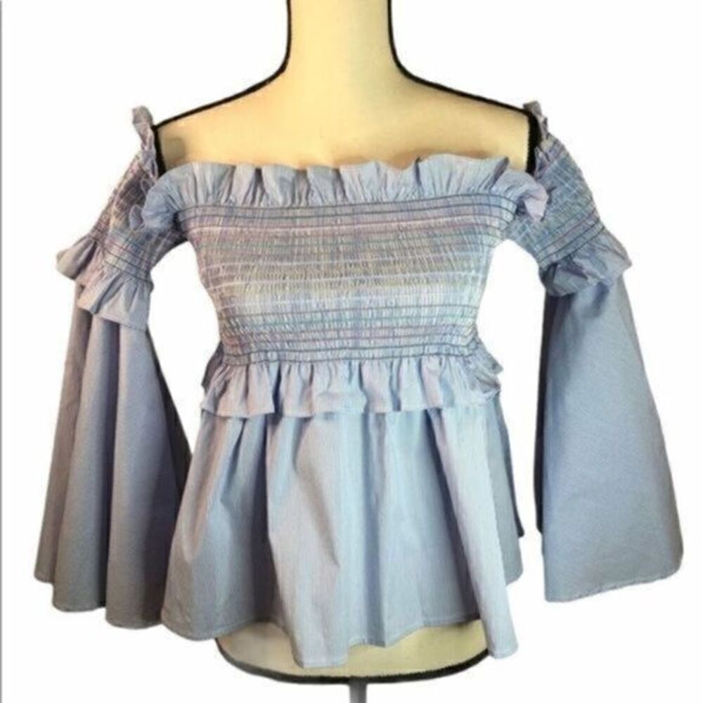Aqua Ruched Big Bell Sleeved Off Shoulder S NEW Blue